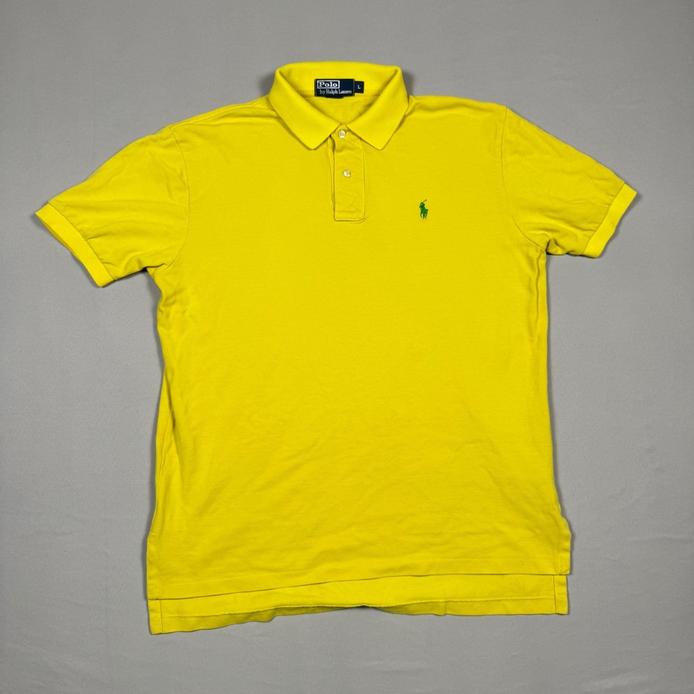 Polo Ralph Lauren Men Large Yellow Short Sleeve Pique Polo Shirt Green Pony Logo